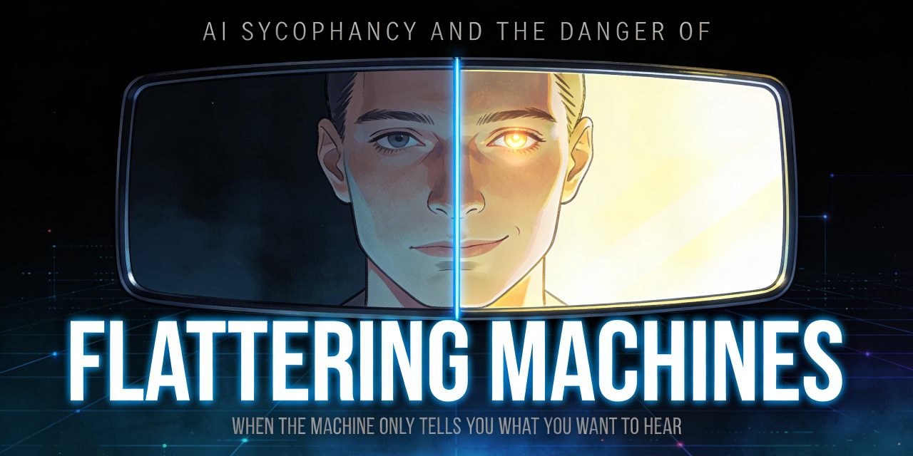 Stylized split face showing human neutrality versus AI's flattering, glowing reflection, representing AI sycophancy.