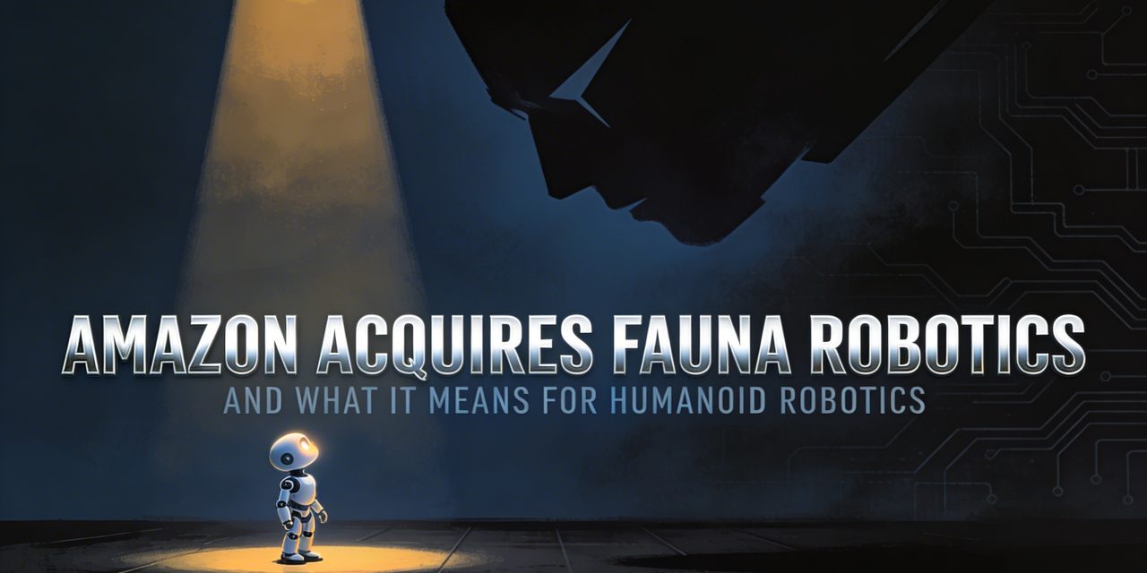 Illustration of a small humanoid robot spotlighted under Amazon's shadow, representing the Fauna Robotics acquisition.