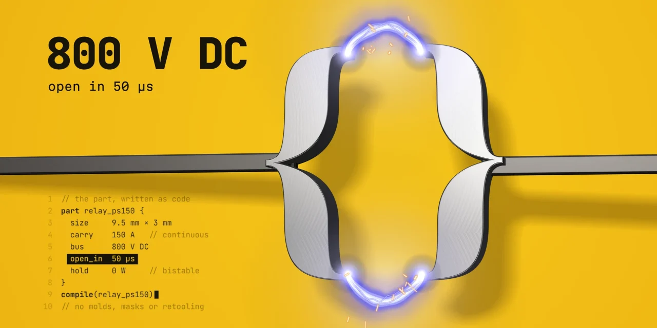 Steel curly braces spring apart on a power bar with blue arcs, next to 800 V DC and a code listing for a 150 A relay