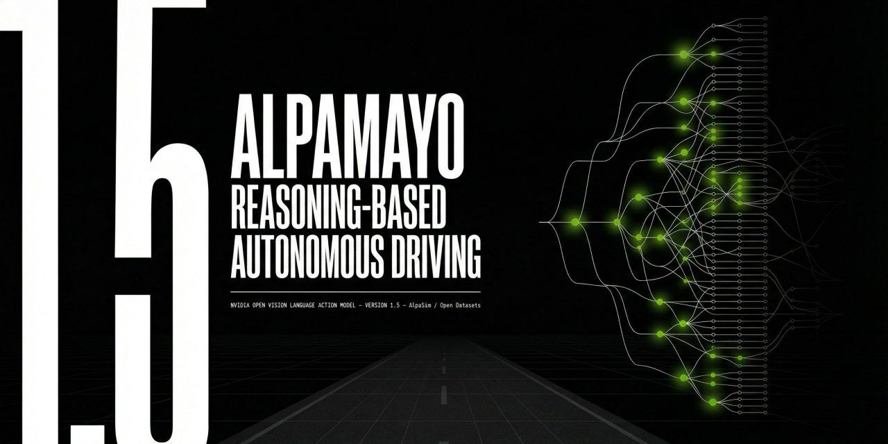 Horizontal 16:9 graphic design cover poster with a deep charcoal near-black background (#0f0f0f), designed in a Swiss modernist / technical systems poster language. Left third of the composition dominated by oversized ultra-condensed bold white sans-serif typography reading "ALPAMAYO" in stacked massive letterforms, with "1.5" directly below in the same weight but rendered in electric NVIDIA green (#76b900), serving as both a title and a compositional anchor. A thin horizontal green rule line runs across the full width of the image at mid-height, acting as a structural axis. To the right of center, a precisely rendered diagrammatic branching system: a single thin white line enters from the left, representing a road or input signal, then fractures into an elegant binary decision-tree of branching white and green lines, each branch terminating in a small geometric node — tiny square or circle — with microscopic white label text reading fragments like "PERCEIVE", "REASON", "PREDICT", "ACT" along the branches, suggesting a machine reasoning through a scenario step by step. The branching structure is clean, architectural, almost like a circuit schematic or logic diagram elevated to poster art. Below the main title on the left, a small-weight all-caps label stack in electric green reads "VISION · LANGUAGE · ACTION MODEL" and below that in even smaller white text: "Reasoning-Based Autonomous Driving — Open Source — NVIDIA". The entire composition has a fine dot-grid texture overlaid subtly across the background, giving it depth and a technical-print feel reminiscent of precision engineering documents. The color palette is strictly deep charcoal, pure white, and electric green — no other colors. The composition reads left to right with strong typographic hierarchy on the left and a conceptual diagrammatic visual on the right, creating a dynamic tension between language and system, between naming and reasoning. The design feels like a technical exhibition poster from a world-class design institution — precise, modular, confident, and conceptually sharp.