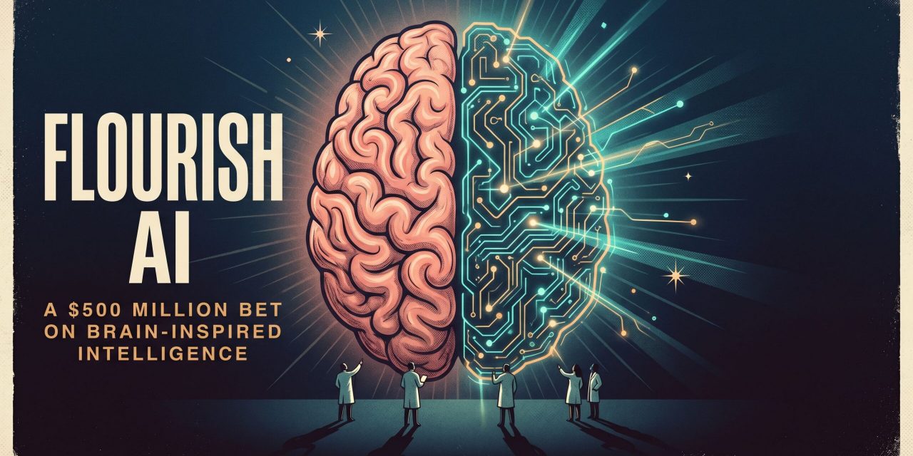 Giant brain poster with pink organic hemisphere, gold circuitry, and tiny scientists, with 'Flourish AI' title on deep navy b