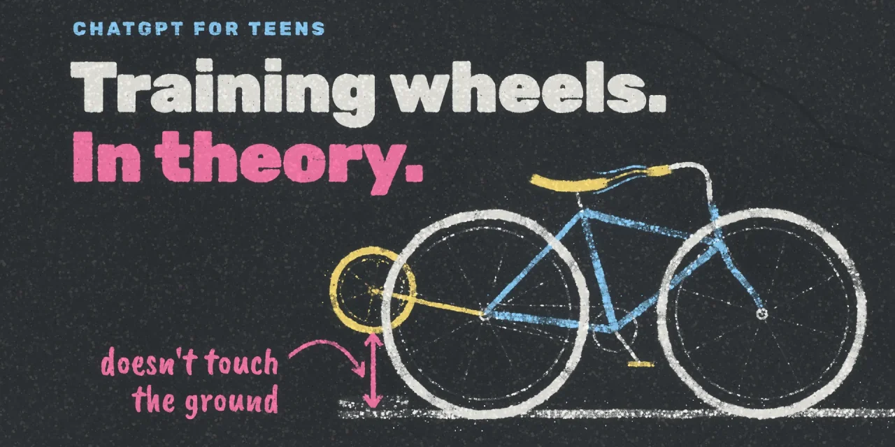 Chalk drawing on asphalt: a kid's bike whose training wheel hangs above the ground, pink arrow: "doesn't touch".