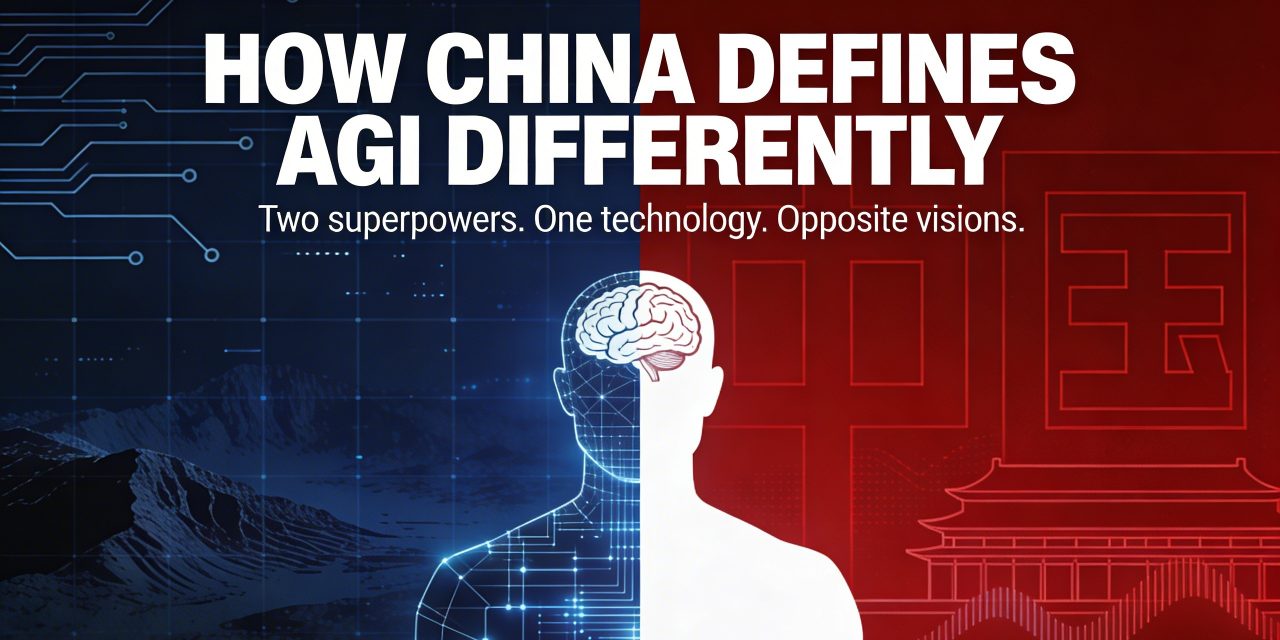 Split graphic contrasting China's structured AGI vision in red with the USA's open-ended AGI approach in blue, featuring a un
