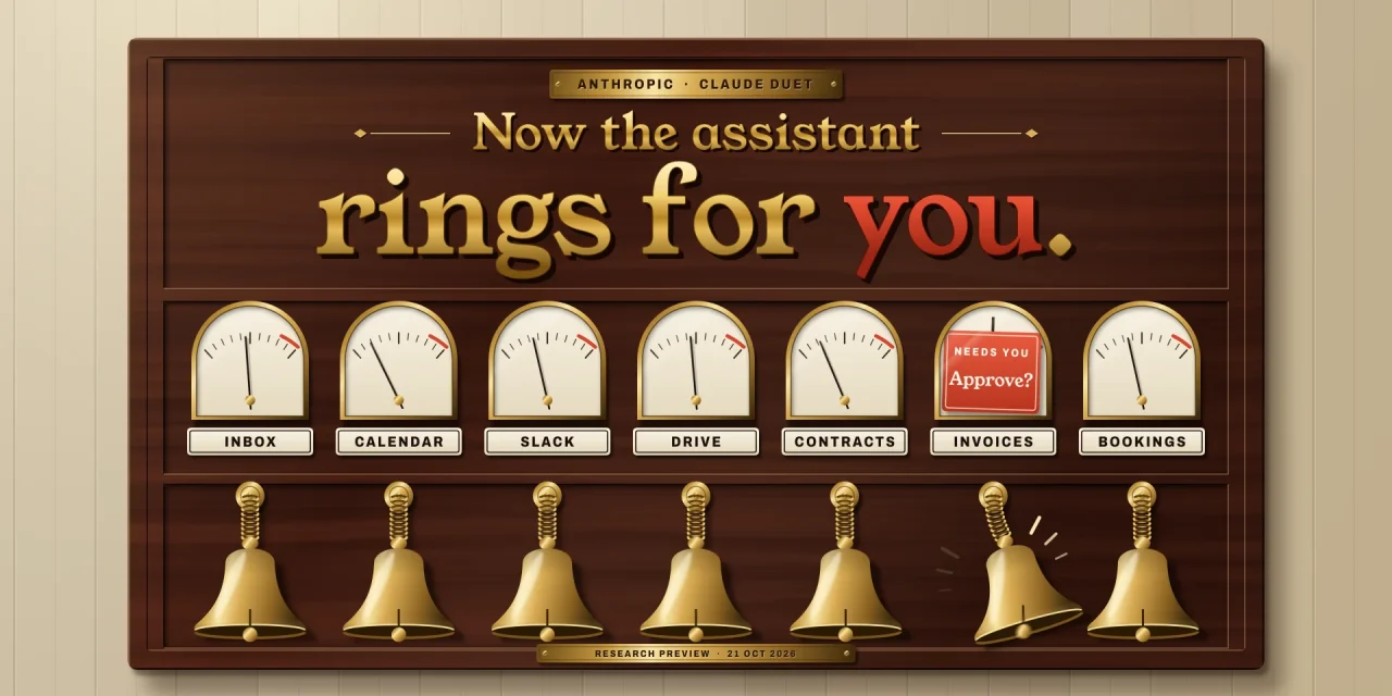 Mahogany servants' bell board with app dials; only the Invoices bell rings and its red flag asks: Approve?