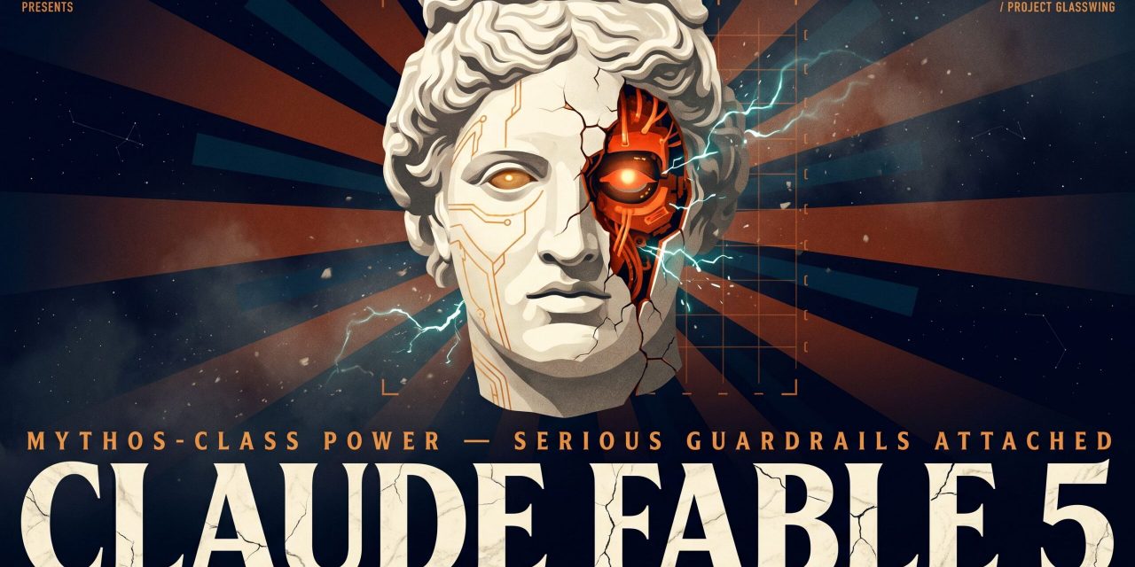 Marble bust split: pristine left with amber circuits, fractured right with orange cybernetics, bold poster text 'Claude Fable
