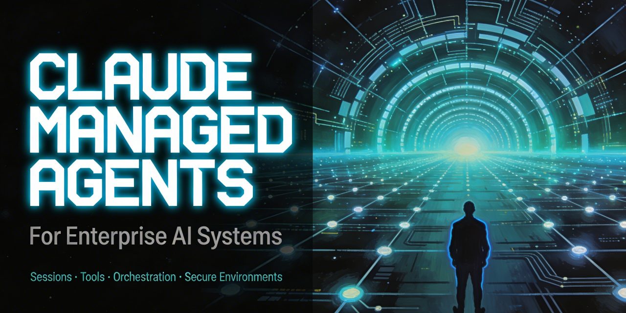 Silhouetted figure before a vast glowing grid representing Claude Managed Agents orchestration for enterprise AI.