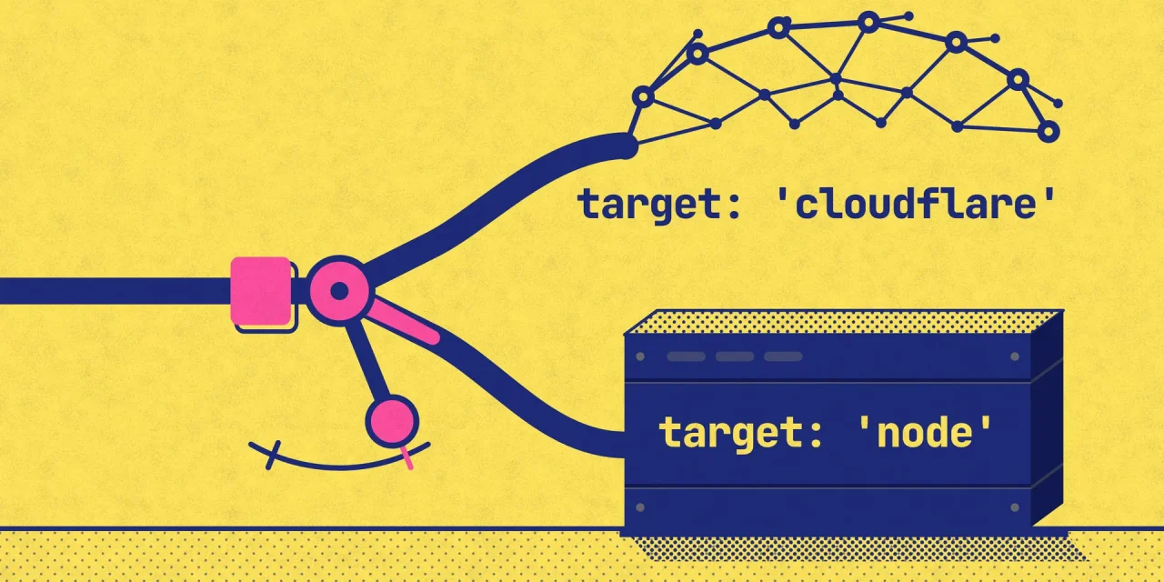 A track splits at a railway switch: up into a network labeled target: 'cloudflare', down into a heavy server labeled target: 'node'.