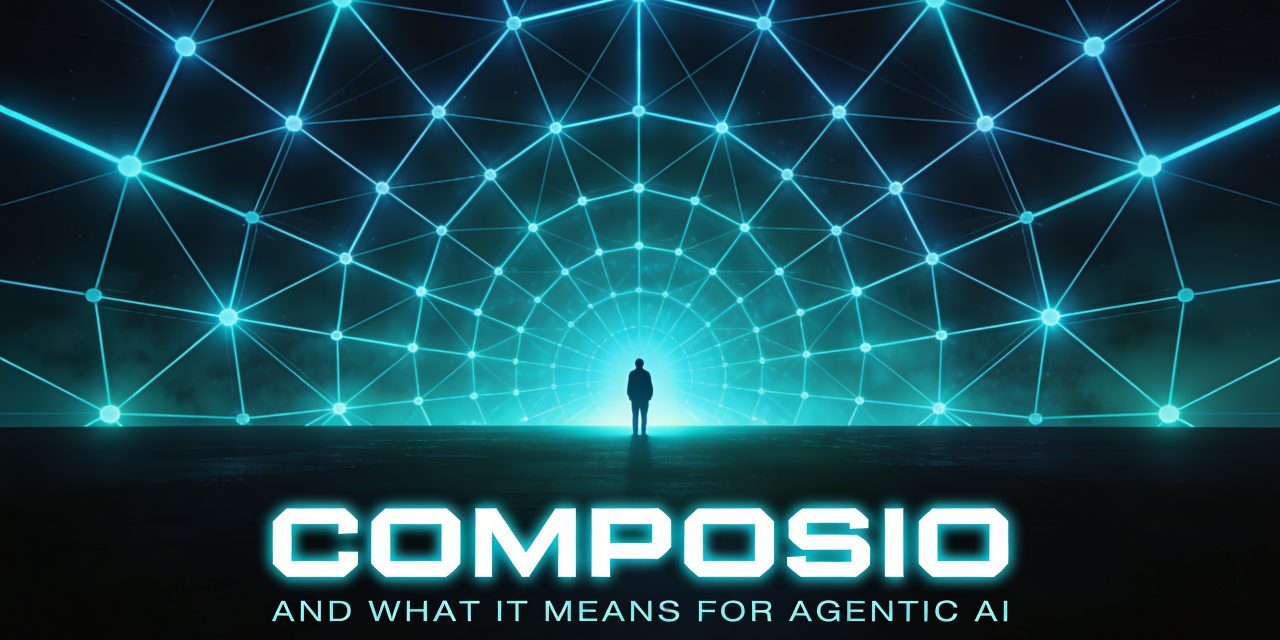 A vast glowing neural network representing Composio's role in agentic AI, with a human figure for scale.