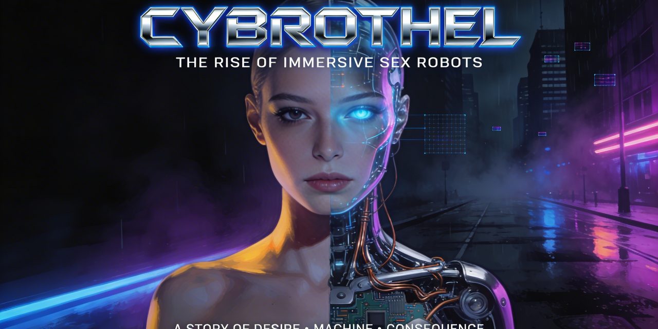 Split humanoid robot face in cyberpunk Berlin, representing immersive sex robot technology at Cybrothel
