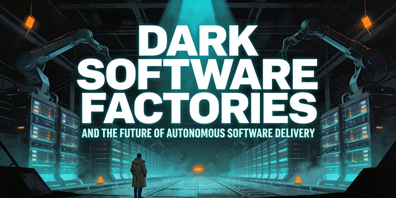 Dark software factory hall with towering server stacks and robotic arms, illustrating autonomous software delivery.