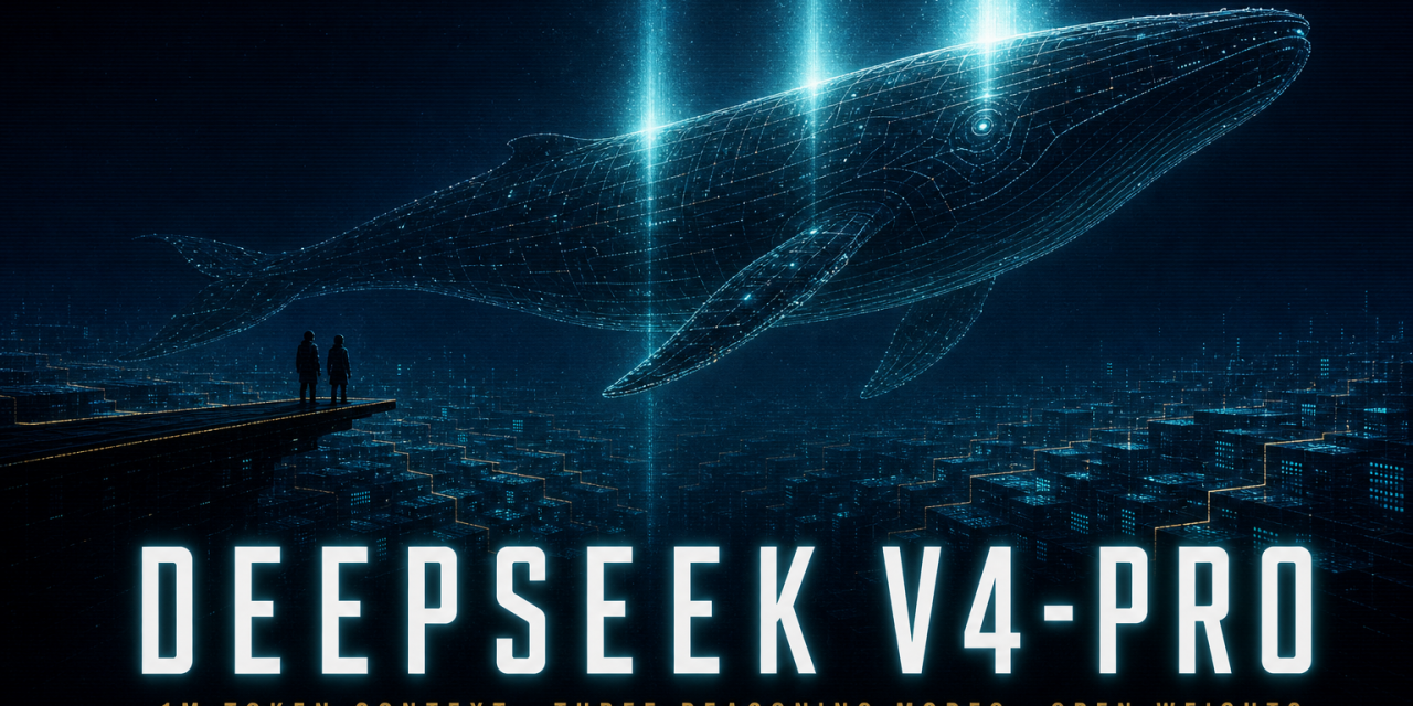 Glowing circuit-lattice whale silhouette glides above turquoise data grid beneath cyan title text reading DeepSeek V4-Pro.