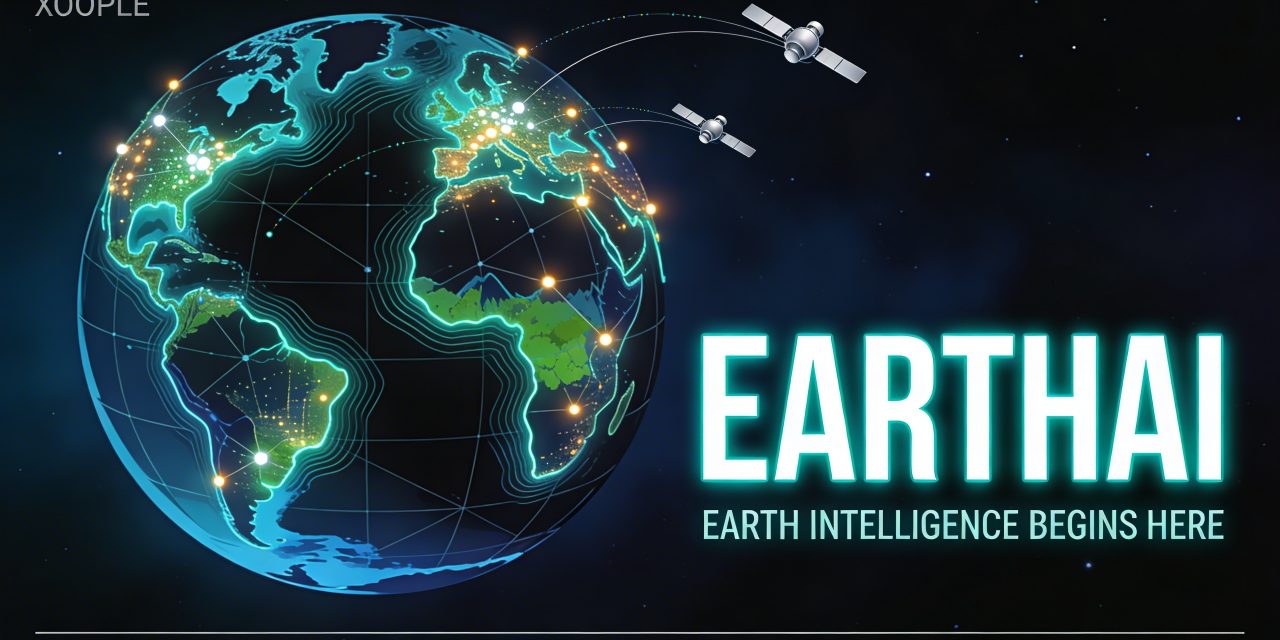 Stylized Earth globe with glowing data nodes and satellites, representing AI-native Earth intelligence from Xoople.