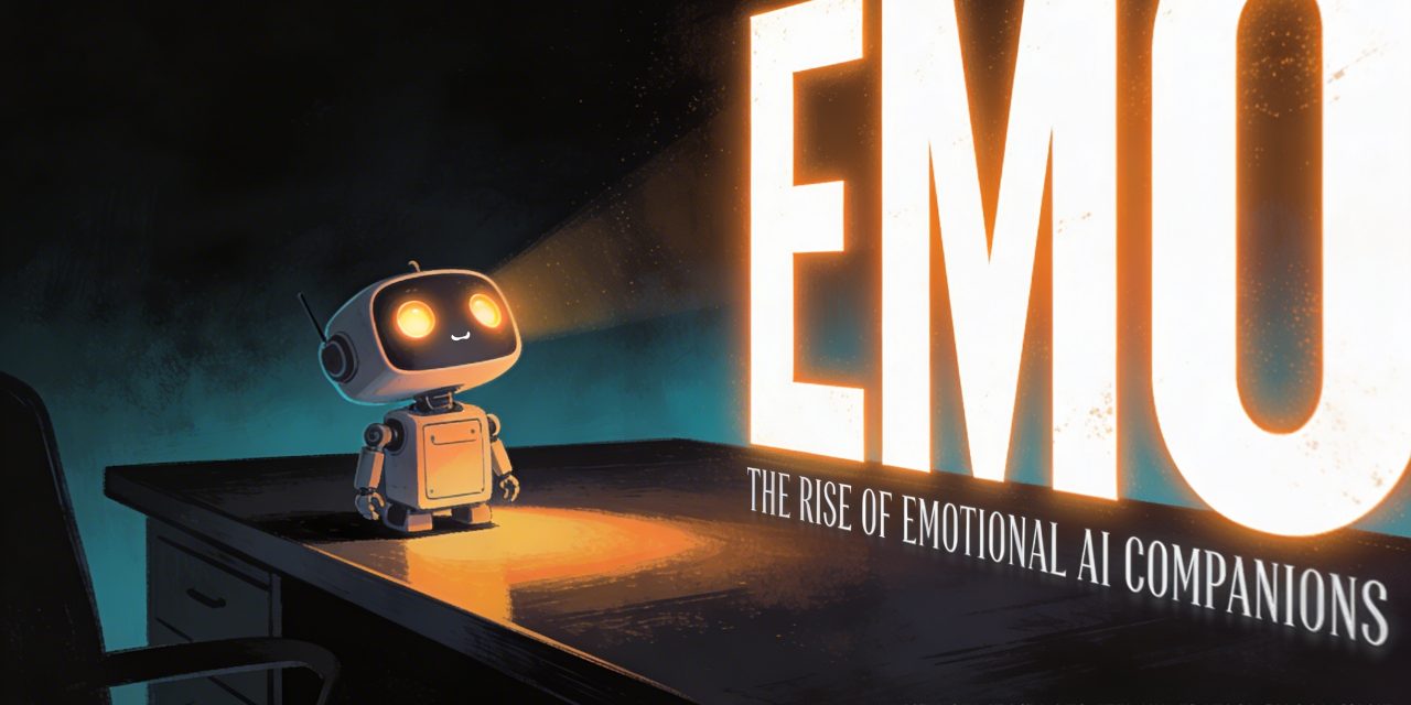 Emo tiny robot on a dark desk with glowing eyes and title 'The Rise of Emotional AI Companions' in a cinematic sci-fi illustr