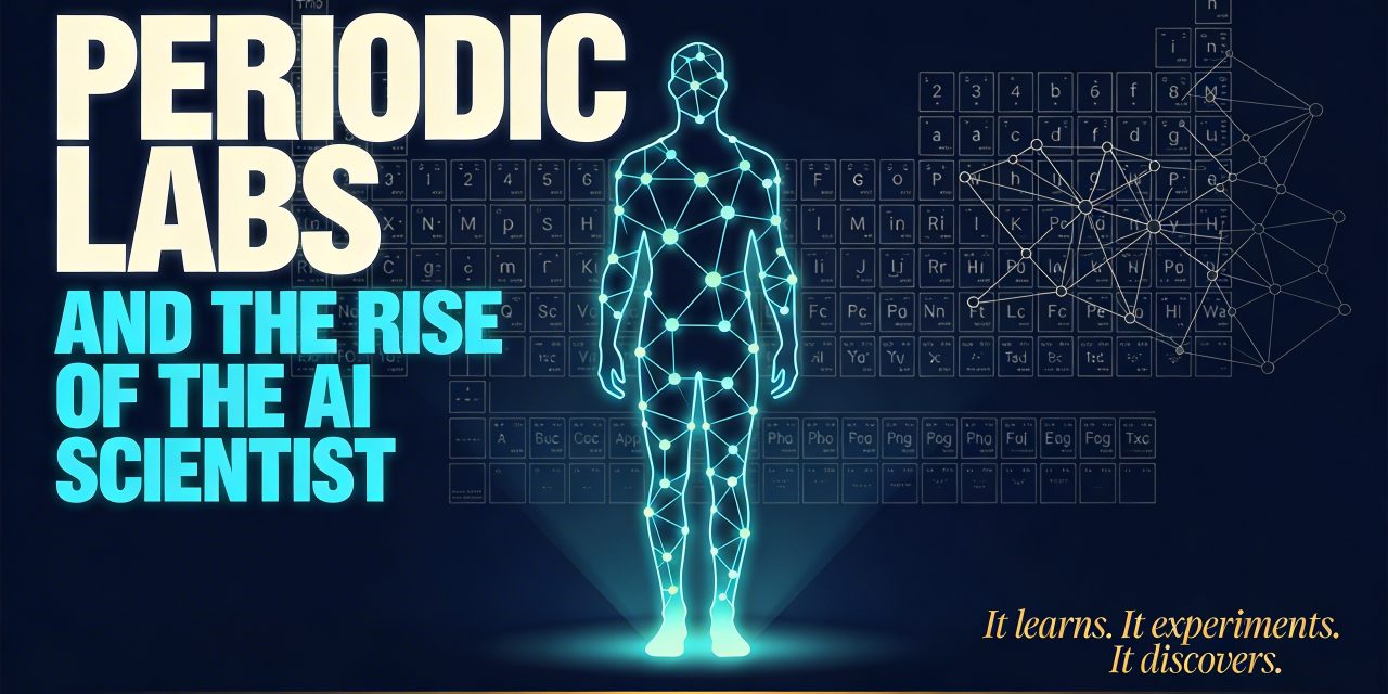 A wide 16:9 horizontal film cover in a highly stylized retro-futurist Saul Bass meets Laurent Durieux aesthetic. Deep midnight navy blue background. Center of the image: a tall, abstracted humanoid silhouette composed entirely of glowing atomic lattice lines and molecular bond geometries — like a blueprint of a scientist built from chemistry itself — rendered in electric cyan and pale aqua light, standing upright with subtle luminous glow radiating outward. Behind and around the figure: a faint large-scale periodic table grid structure drawn in thin ivory lines, semi-transparent, filling the background like a cathedral of science. The grid subtly dissolves into neural network node-and-edge patterns toward the right side. Left third of the composition: bold stacked typographic block — top line reads "PERIODIC LABS" in massive all-caps geometric sans-serif (Futura-style), ivory-cream colored, very wide letter-spacing, commanding and clean. Directly below in slightly smaller weight and size, same font family lighter weight: "AND THE RISE OF THE AI SCIENTIST" in electric cyan, tight tracking. Far bottom-right corner: small elegant italic serif text in warm amber-gold reads "It learns. It experiments. It discovers." A faint horizontal amber-gold thin rule line separates the bottom zone from the main image area. Color palette: midnight navy, ivory, electric cyan, radioactive amber-gold. The entire composition feels like a prestigious science film poster — cerebral, iconic, precise, slightly eerie, and deeply awe-inspiring. No photographic realism — pure stylized illustration and graphic design, flat shapes with minimal shading, bold silhouette contrast, retro-futurist mood.