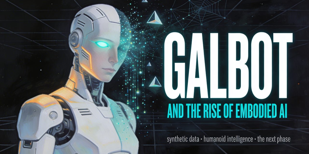 Galbot humanoid robot with face dissolving into synthetic data streams, representing the rise of embodied AI.