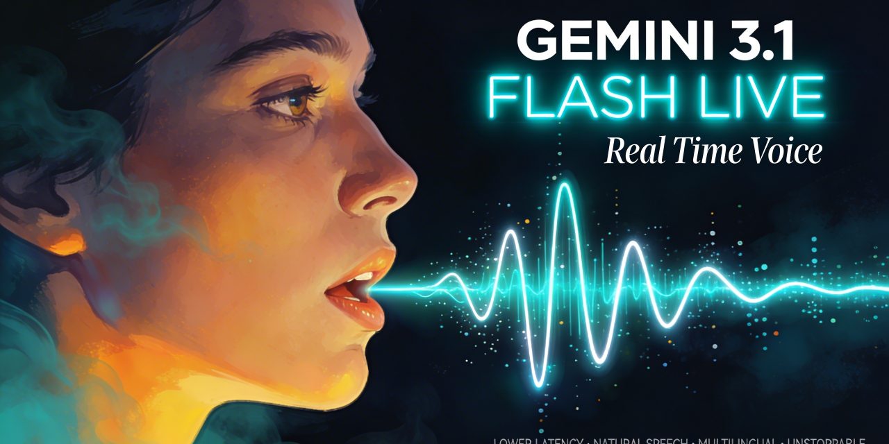 Stylized illustration of a person speaking with flowing cyan sound waves representing Gemini 3.1 Flash Live's real-time voice