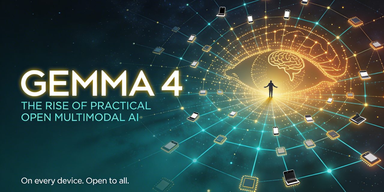 Gemma 4 open multimodal AI network connecting devices like phones and laptops in a glowing constellation.