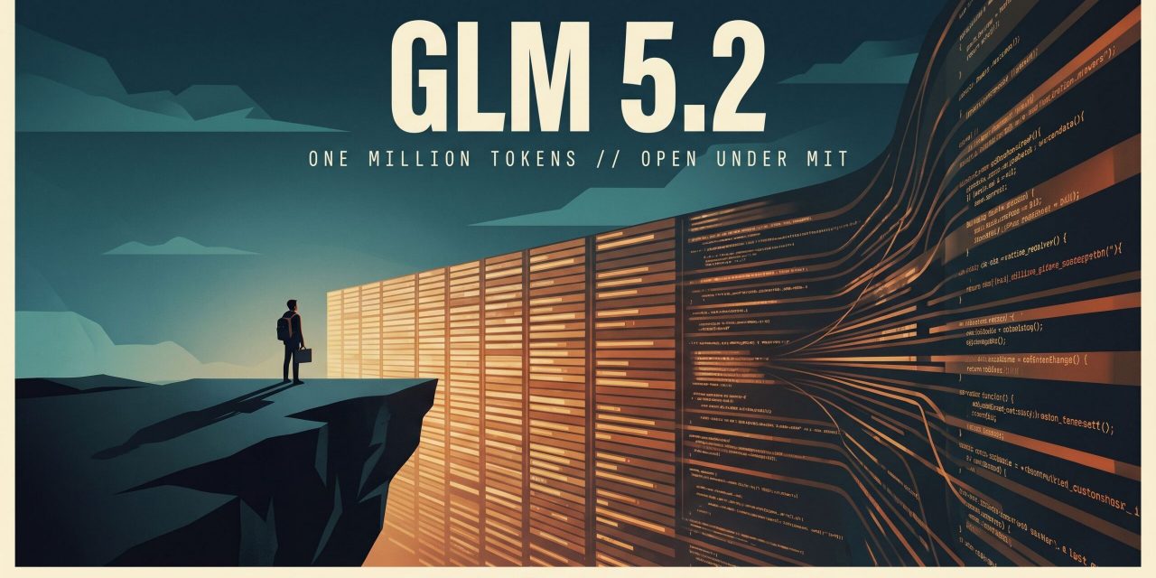 Tiny developer silhouette on a dark cliff edge facing an immense glowing wall of cascading code and data strips, with 'GLM 5.