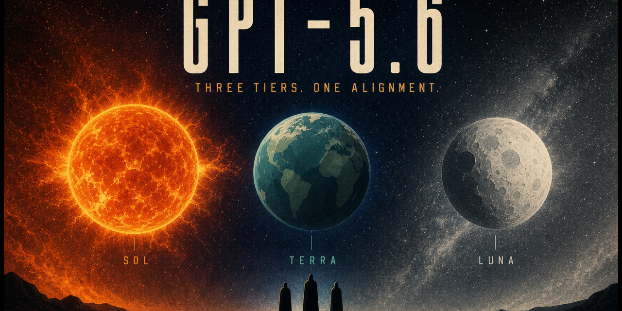 Cinematic sci-fi cover with three celestial spheres labeled Sol, Terra, Luna and the title GPT-5.6 over a starfield horizon.