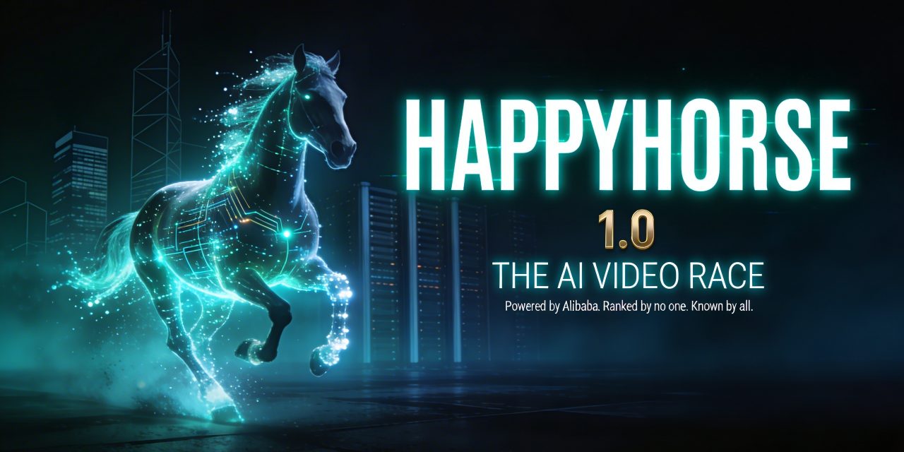 A glowing teal and white horse made of data particles gallops past dark corporate skyscrapers, with bold HAPPYHORSE 1.0 text