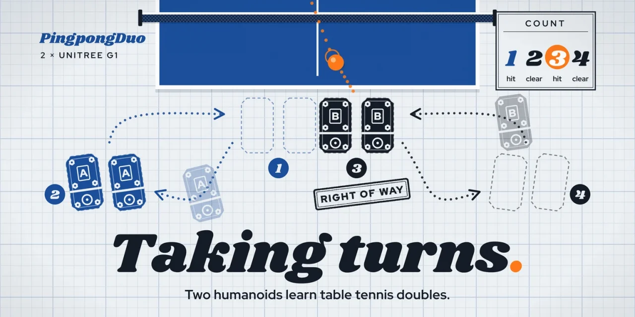 Dance-floor plan on grid paper: two robots' numbered foot plates take turns stepping in to hit an orange ping-pong ball.