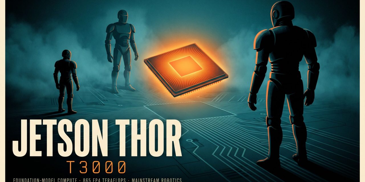 Glowing rectangular AI compute module radiating amber light, surrounded by three humanoid robots of ascending scale in a dark