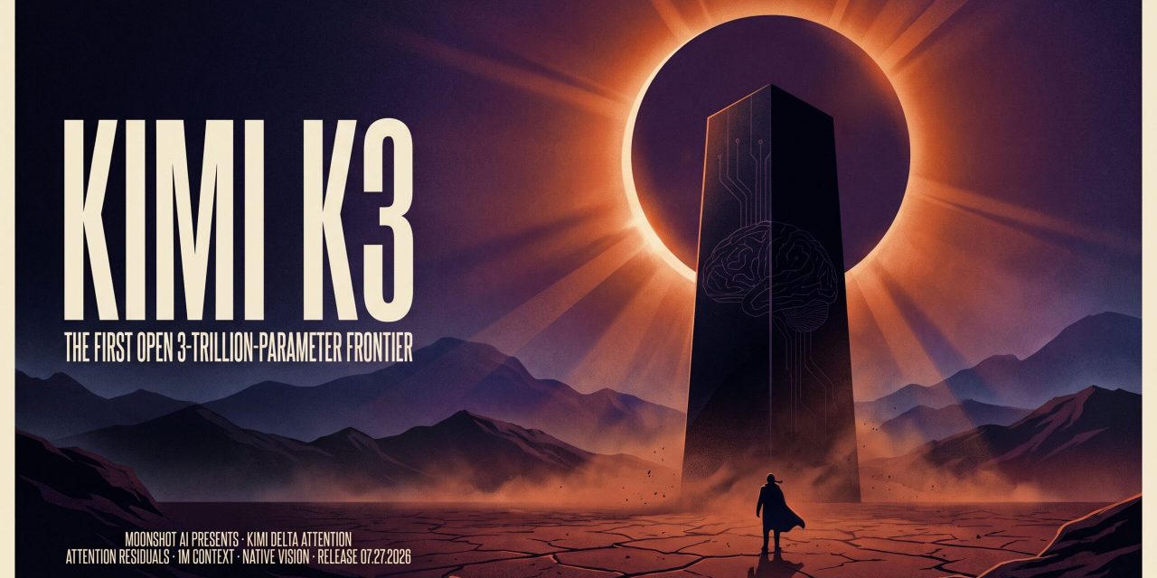 Colossal black geometric monolith in cracked desert with glowing eclipse, tiny figure at base, title 'KIMI K3' in cream typog