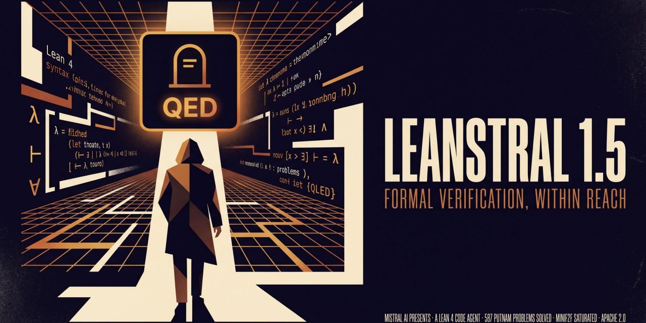 Film-style poster with a hooded figure before a luminous QED symbol amid Lean 4 syntax fragments and geometric labyrinth on d