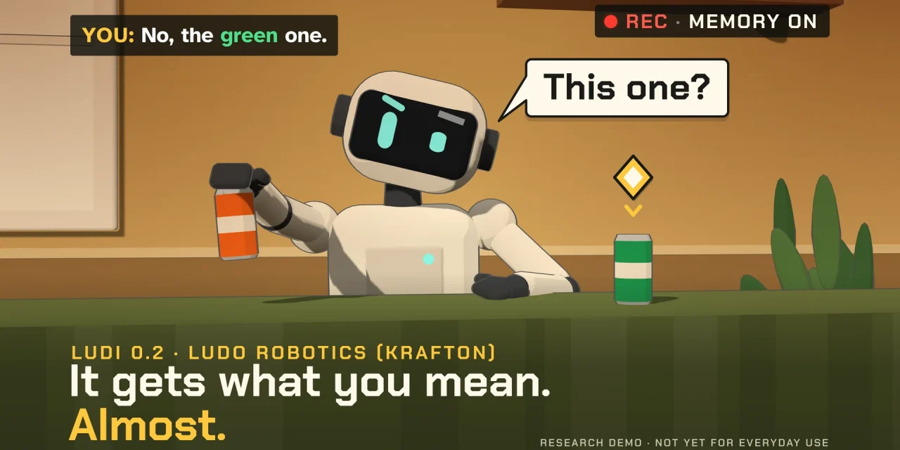 Toon-shaded robot, told 'No, the green one', holds up the orange can and asks 'This one?' while a game marker hovers over the green can