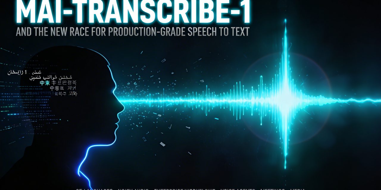MAI-Transcribe-1 cinematic cover showing a glowing sound waveform and multilingual data streams representing speech-to-text t