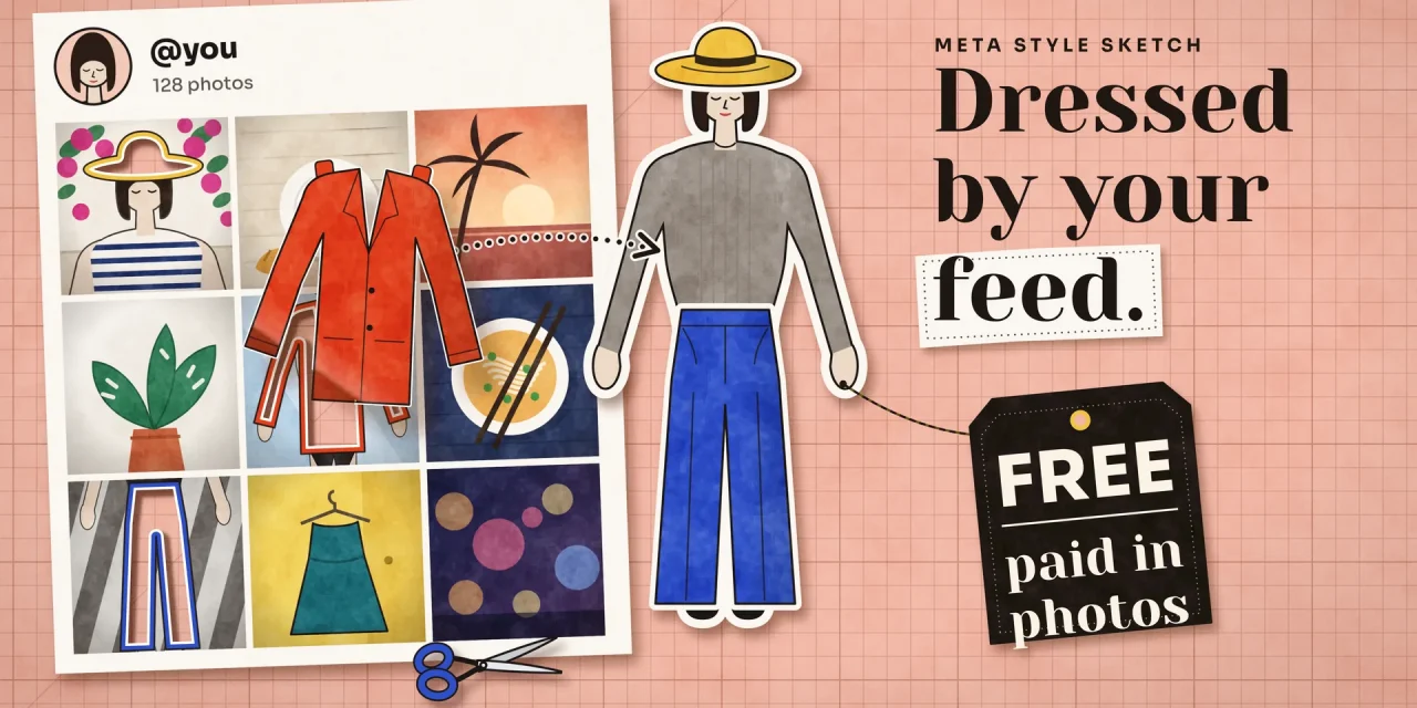 Paper doll on a pink cutting mat: a red jacket is lifted out of a feed photo, hat and trousers already on the doll; tag reads free, paid in photos