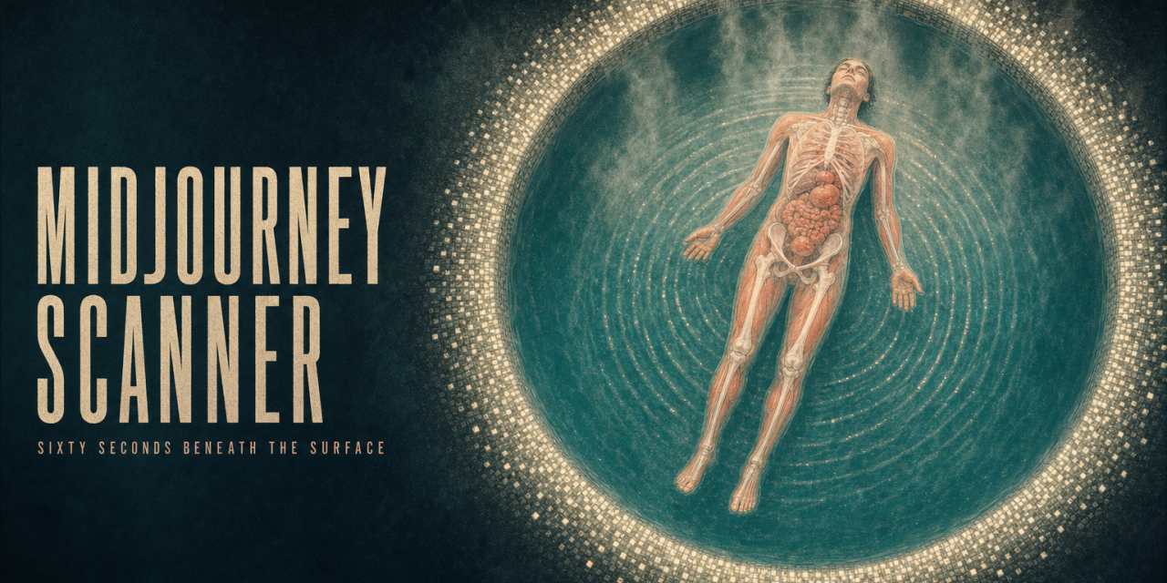 Aerial view of a nude figure floating into a glowing teal pool ringed by luminous micro-sensors, with ultrasound anatomy laye