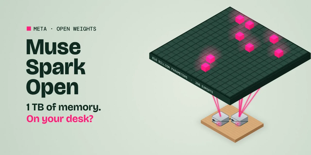 Isometric illustration: a dark slab of 256 experts with 8 lit in pink, floating over two small computers on a desk