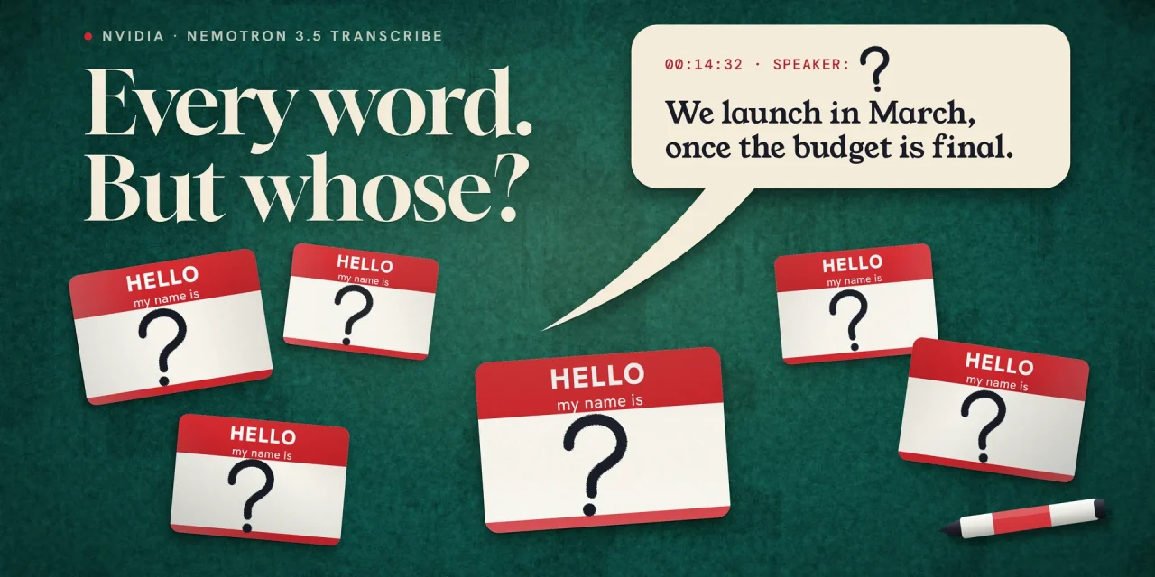Six blank HELLO my name is stickers with large question marks on green felt below a speech bubble with a perfectly transcribed sentence