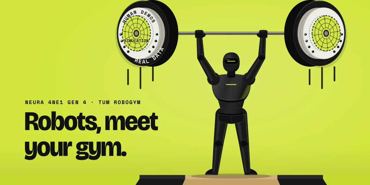 A slim humanoid in a black textile body lifts a barbell with plates reading real data, human demos and simulation