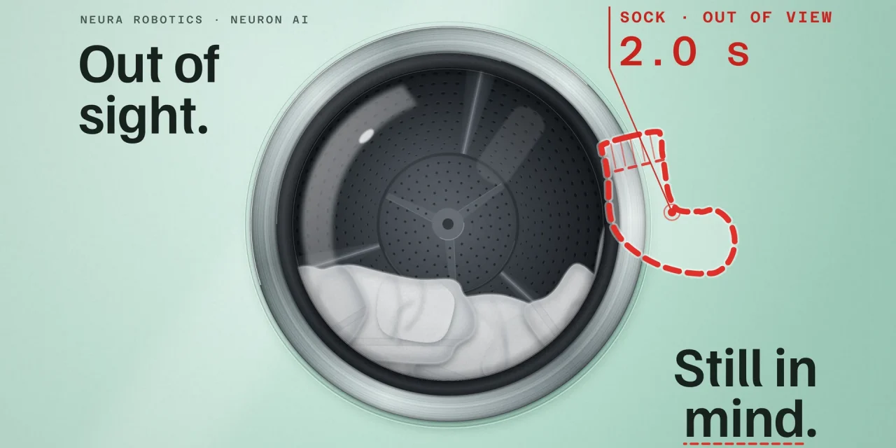 Mint washing machine with a large porthole, a red sock out of view shown as a dashed outline and the headline Out of sight. Still in mind.