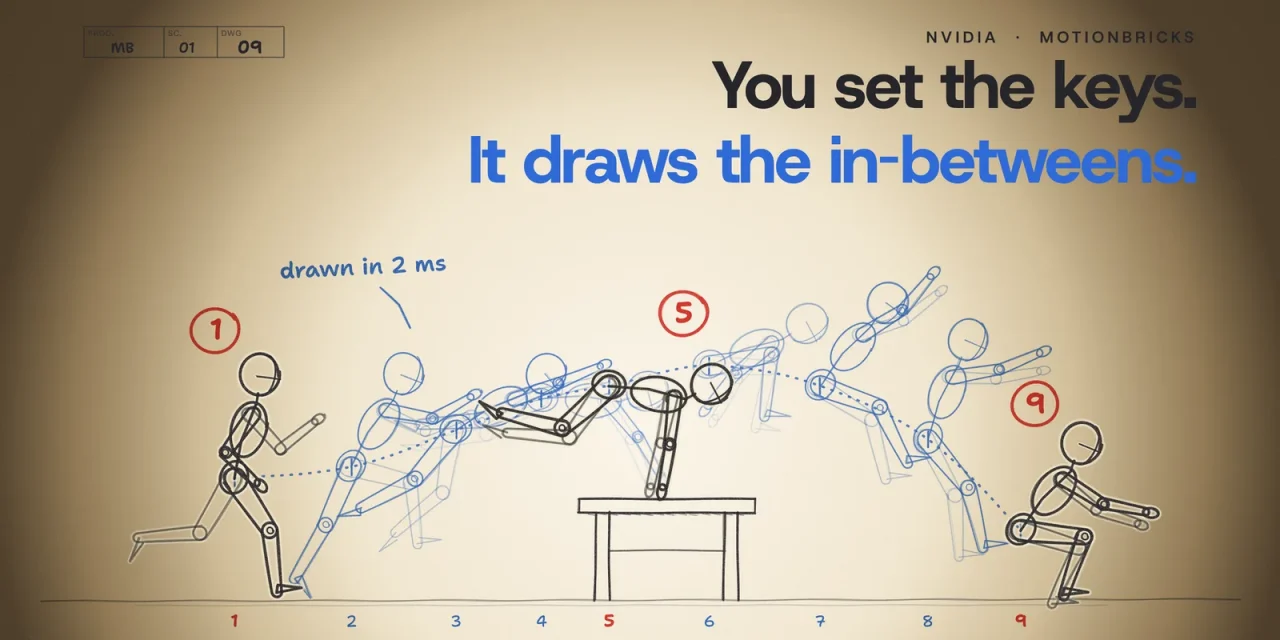 Animator's sheet on a light table: three red key drawings of a figure vaulting a bench, with blue in-between drawings in between