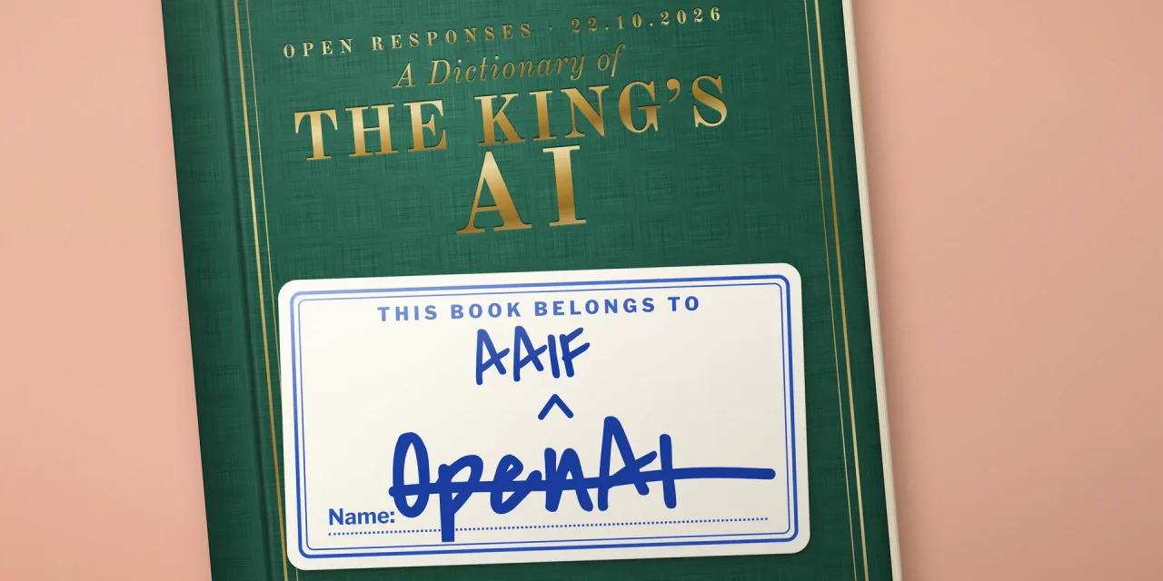 Green cloth dictionary "A Dictionary of The King's AI" with a school label: OpenAI struck out, AAIF written above