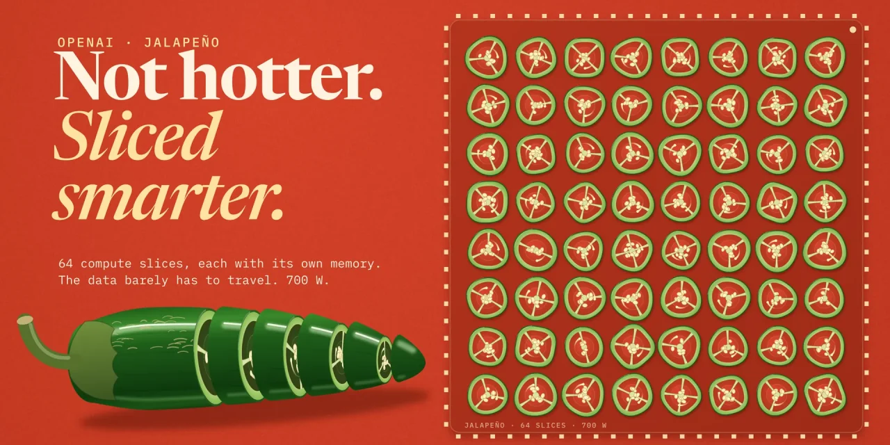 A glossy jalapeño cut into rings beside 64 pepper slices laid out as a chip, headline: Not hotter. Sliced smarter.