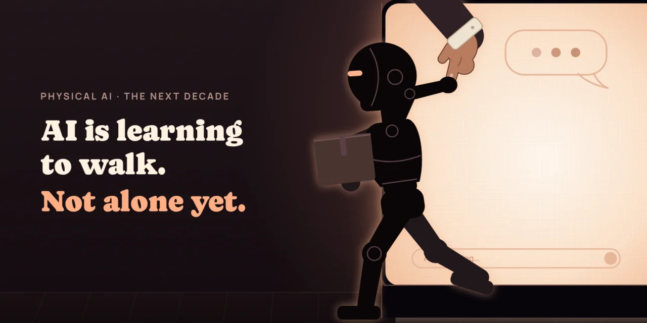 A small robot carrying a parcel steps shakily out of a chat screen into the real world, holding a human finger.
