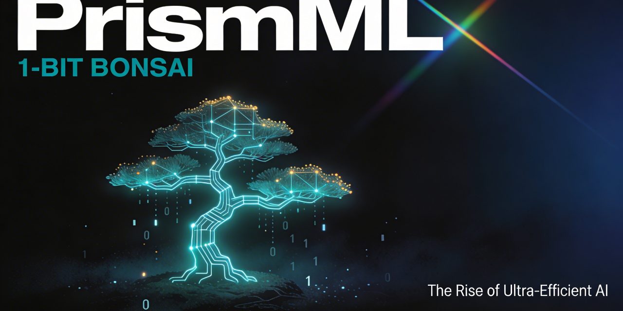Glowing circuit-board bonsai tree representing ultra-efficient AI models like PrismML 1-bit Bonsai.