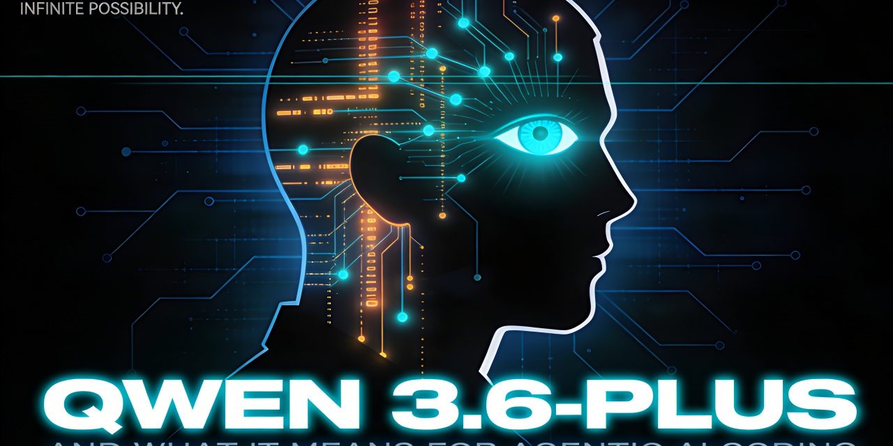 Cyberpunk graphic of a human head silhouette filled with glowing code representing Qwen 3.6-Plus agentic AI coding capabiliti
