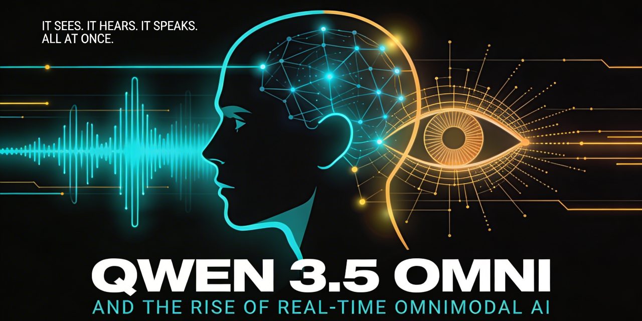 Stylized human head dissolving into sound waves and data streams representing Qwen 3.5 Omni's real-time omnimodal AI capabili
