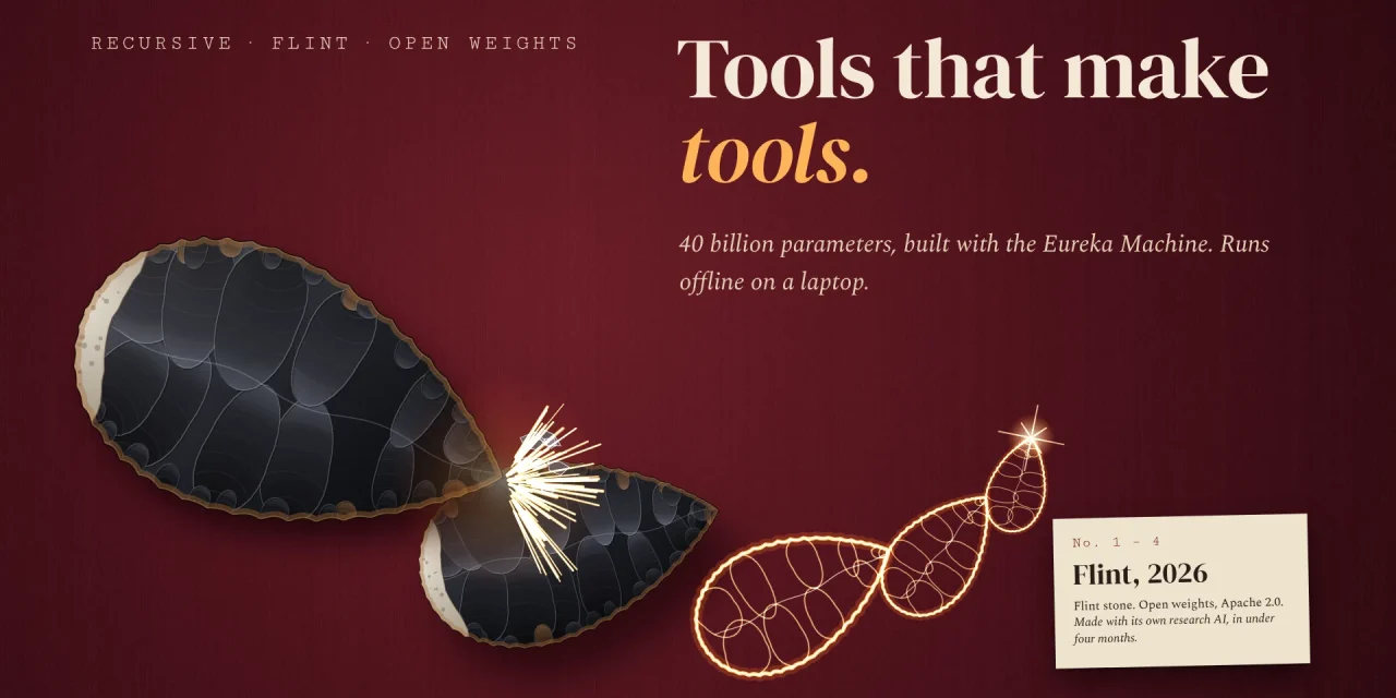 A flint hand-axe strikes a smaller one, and the sparks draw three ever smaller glowing copies of the same tool