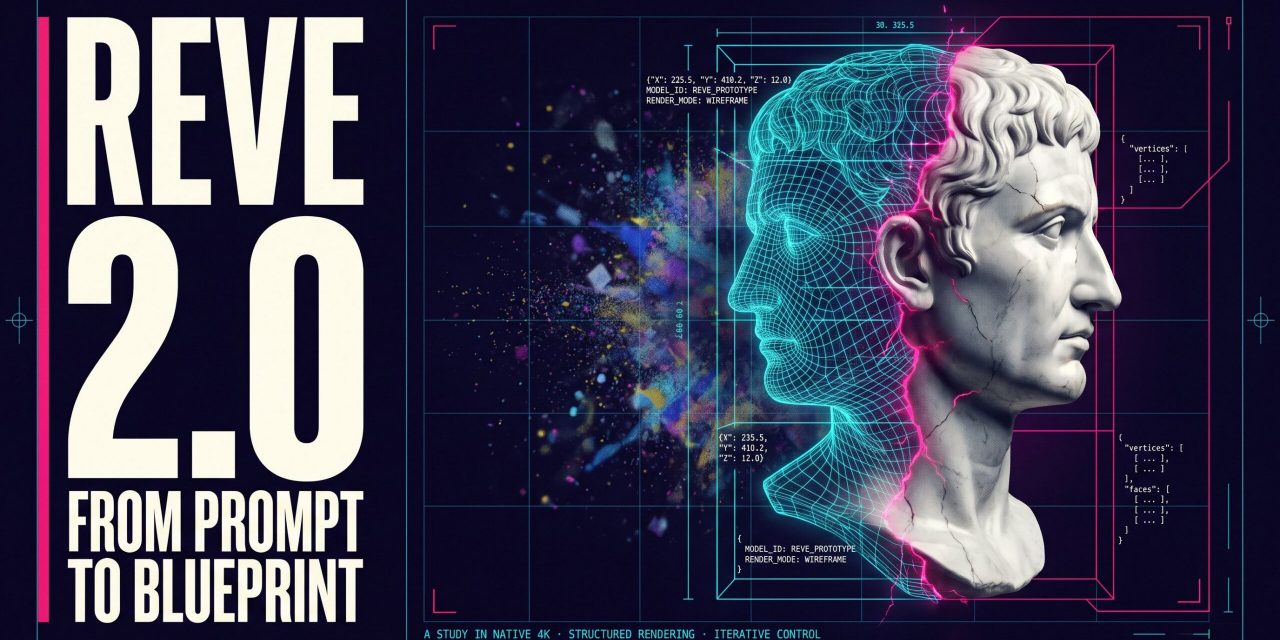 Wireframe-to-marble portrait bust transformation with cyan grid, floating code snippets, and ‘REVE 2.0’ title on a dark indig