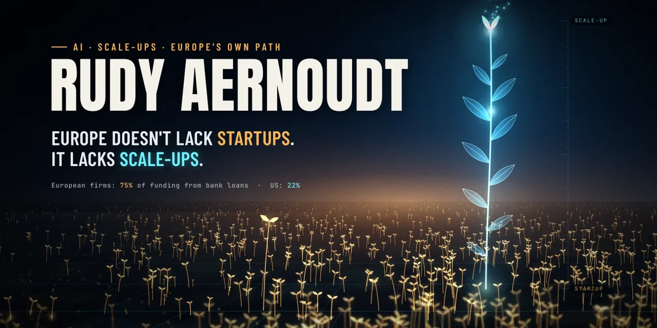 Night field of glowing amber sprouts with one tall cyan stem rising to a scale-up mark, next to the text Rudy Aernoudt