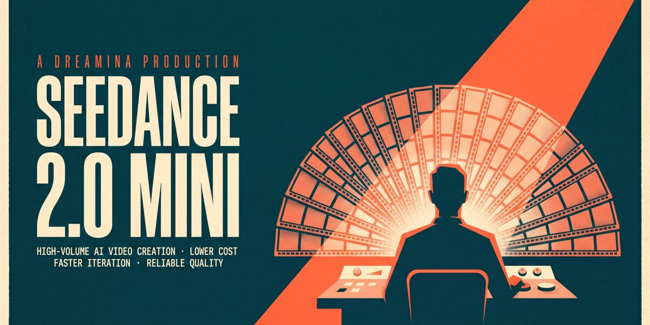 A stylized poster: creator silhouette seated at console, fanned-out film frames glowing coral, bold 'Seedance 2.0 Mini' type,