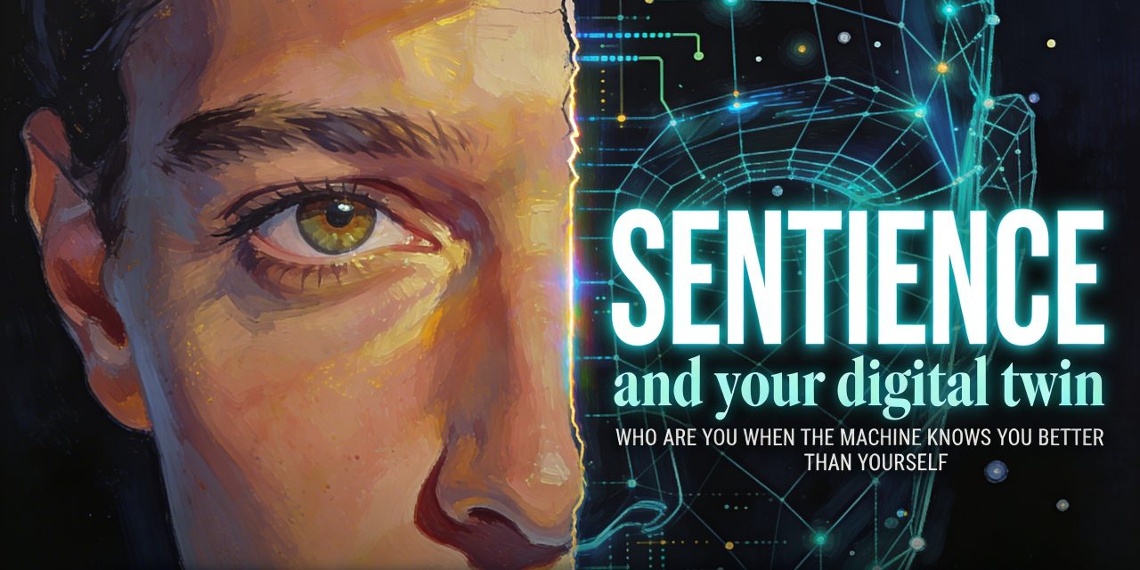 Split portrait showing human face transforming into digital wireframe mesh, representing the digital twin concept in Sentienc