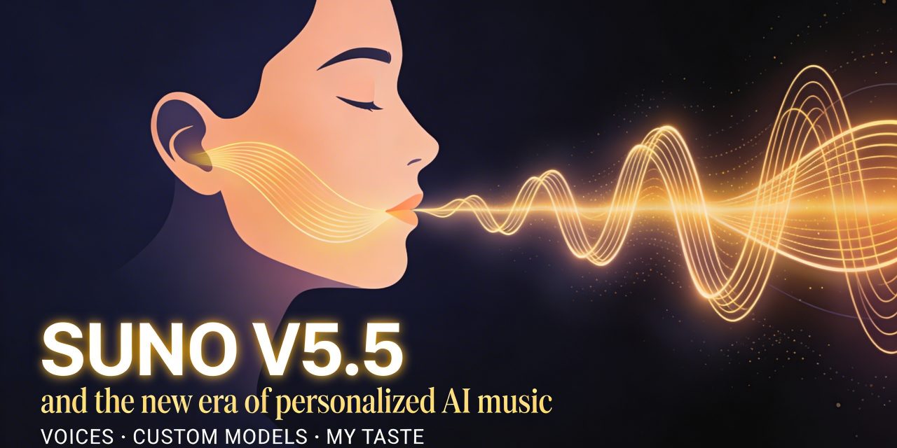 Stylized illustration of a human profile with golden sound waves flowing from lips and ear, representing Suno v5.5's personal