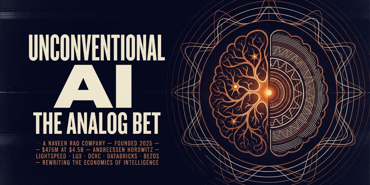 Naveen Rao's Unconventional AI raised $475M at a $4.5B valuation to build biology-inspired, energy-efficient chips for probabilistic AI workloads.